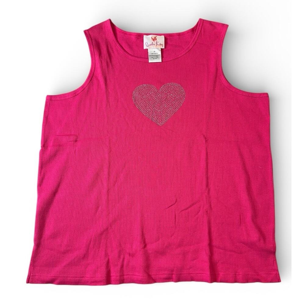 Quacker Factory 2X Pullover Ribbed Tank Top Hot Pink Embellished Heart Valentine